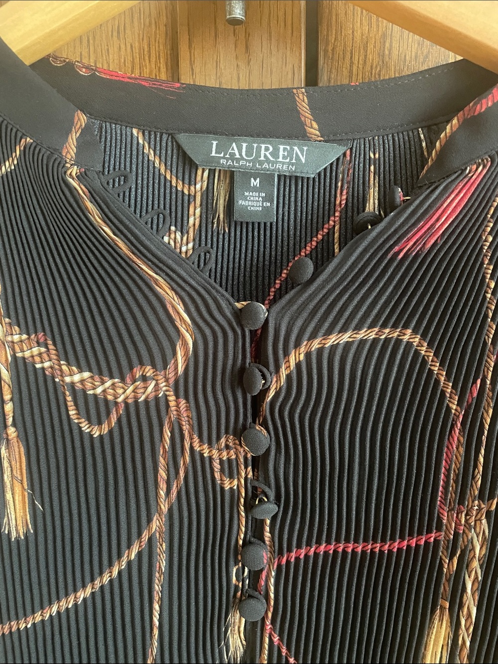 LAUREN Ralph Lauren Black Tassel-Print Pleated Button-Front Blouse - Picture 2 of 3
